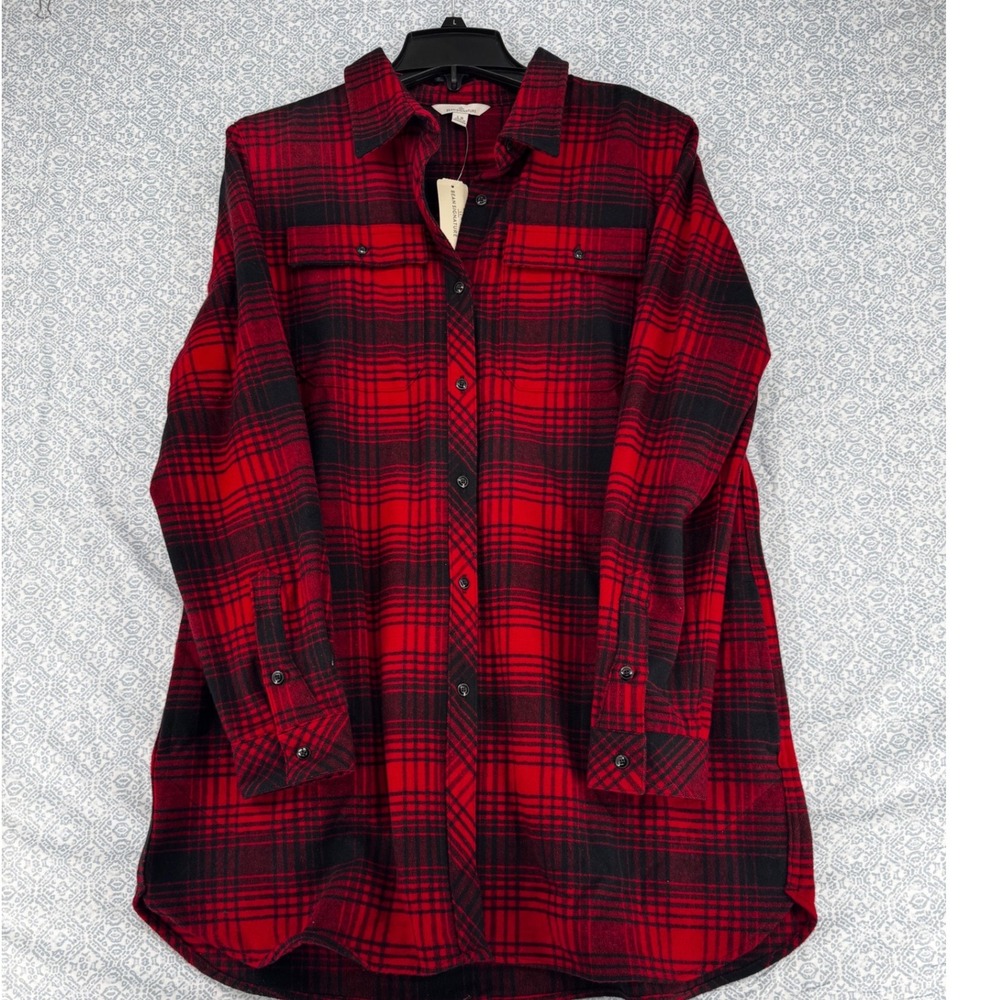 L.L. Bean Archive Chamois Cloth Shirt Red Black Plaid Flannel Tunic Womens L